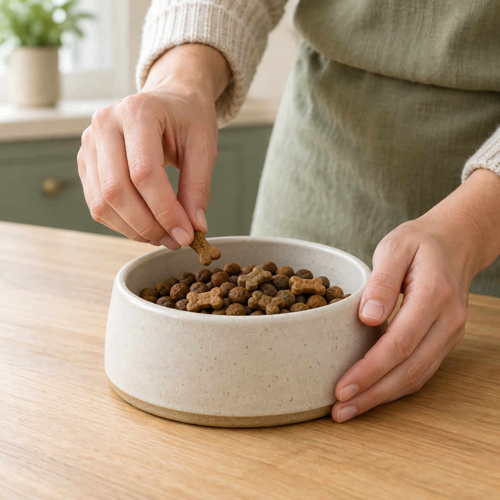 Pet owner preparing a dog food bowl