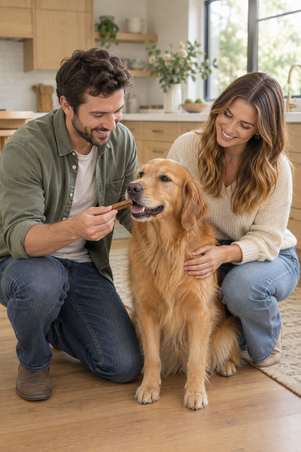 Pet-parent couple giving a chew to their dog