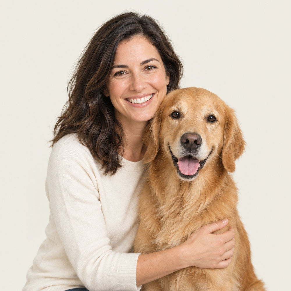 Woman hugging a golden retriever on a soft beige background